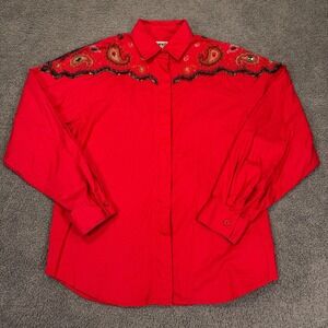 VTG Wrangler Western Shirt Womens Medium Red Beaded Paisley Show Riding Cowboy